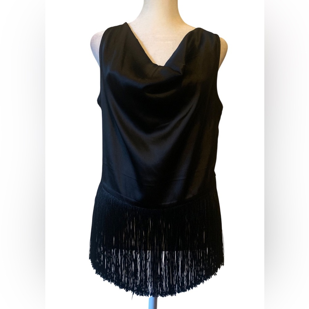 Rachel Zoe Women’s Satin Black Fringe Sleeveless Blouse, Small, NWT